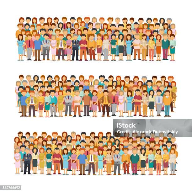 Set Of Vector People Groups Arranged In A Row In Flat Style Stock Illustration - Download Image Now