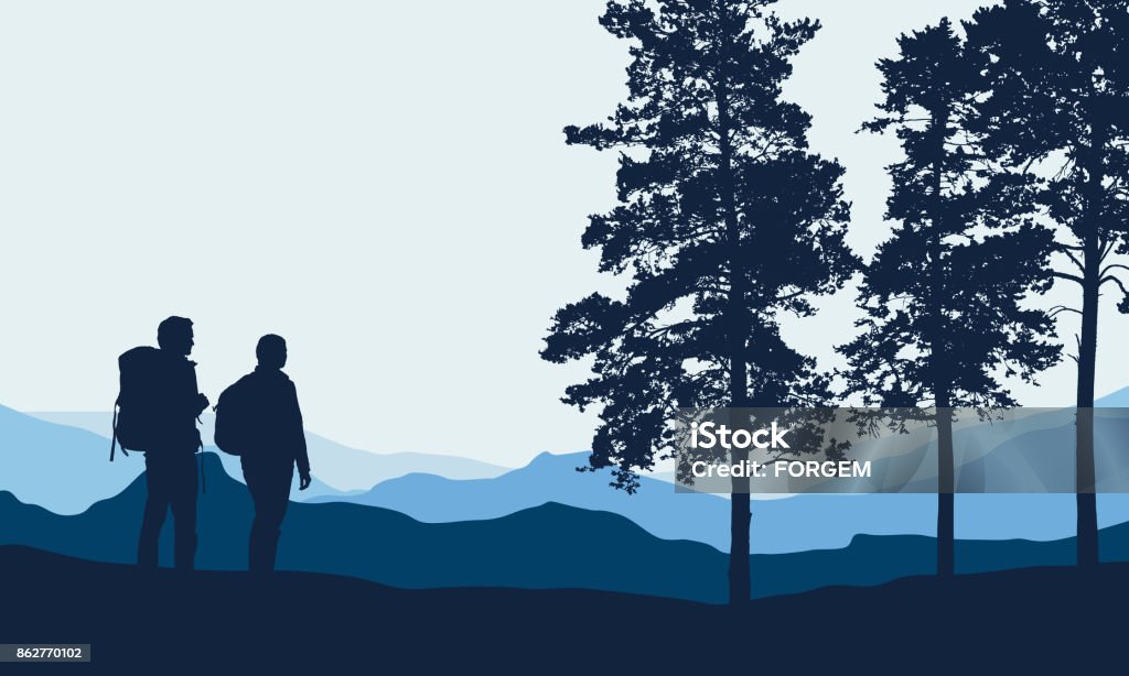 Realistic vector illustration of a night mountain landscape with trees and standing tourist with a backpack, with space for text Hiking stock vector