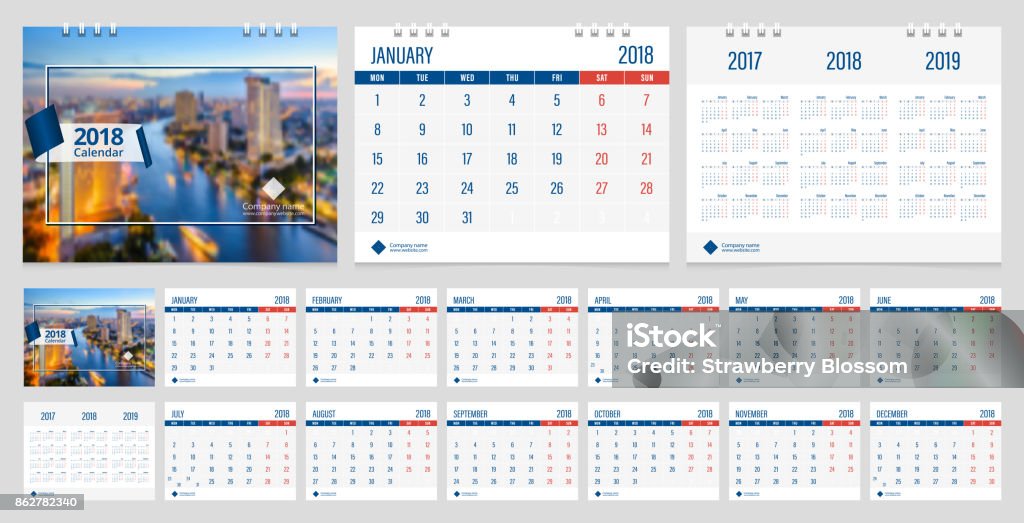 Calendar 2018 week start on Monday corporate business luxury design layout template with blue ribbon and white line frame vector. 2017 stock vector