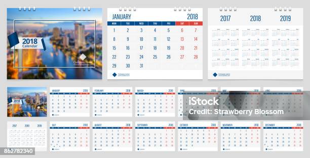 Calendar 2018 Week Start On Monday Corporate Business Luxury Design Layout Template With Blue Ribbon And White Line Frame Vector Stock Illustration - Download Image Now