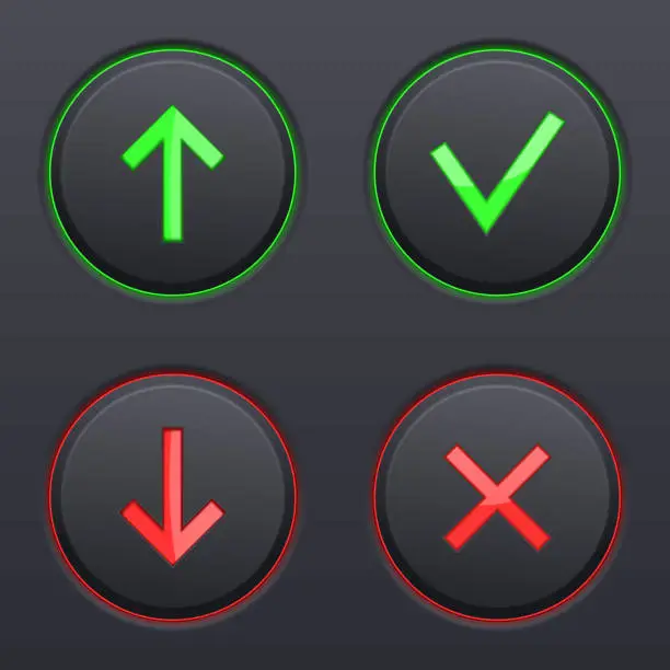Vector illustration of Set on black buttons. Up and down arrows, cancel and submit signs