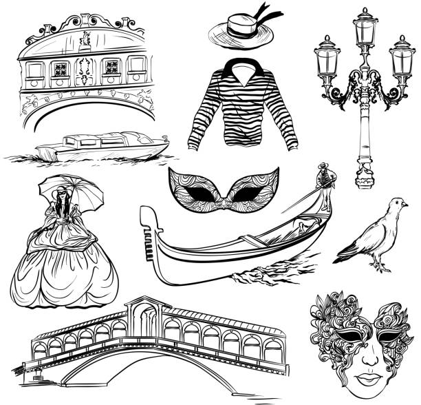 ilustrações de stock, clip art, desenhos animados e ícones de set of venice sketch - venice italy italy gondola rialto bridge