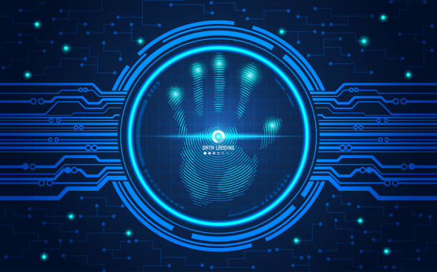 hand scan hand scan in futuristic style, vector of handprint with technological theme, concept of cyber security law patterns stock illustrations