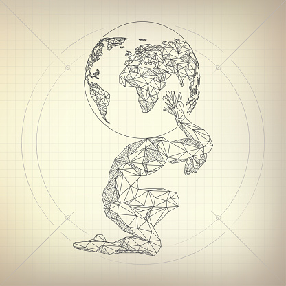 wireframe polygon man carrying globe in futuristic retro style, vector of atlas in modarn abstract style