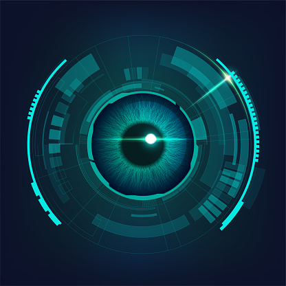 cyber futuristic eye in dark bule-green tone, concept of cyber security