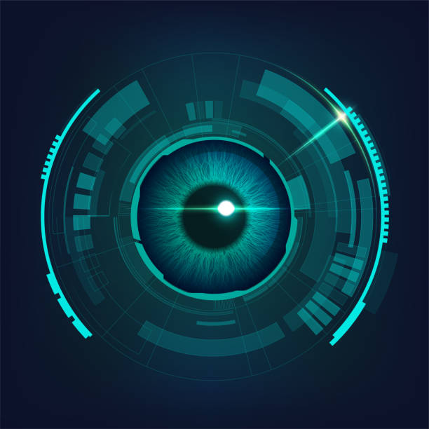electronicEye2 cyber futuristic eye in dark bule-green tone, concept of cyber security cyborg stock illustrations