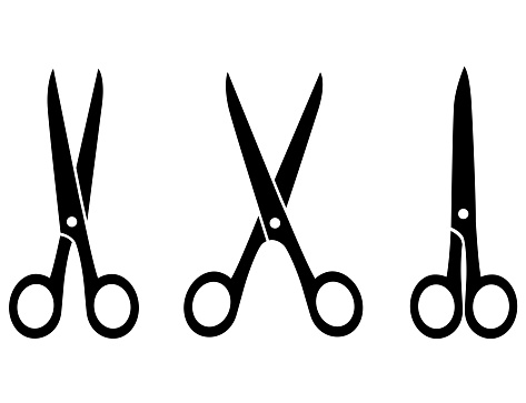 three isolated black scissors on white background