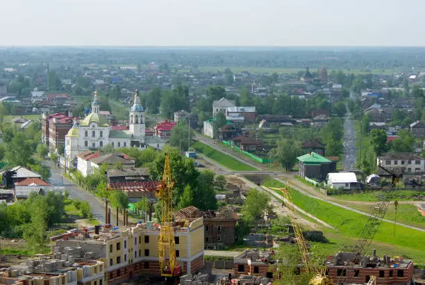 This photo was taken in Tobolsk, Tyumen region, Russia on June 14, 2008. View on the Lower city, the streets of Lenin and Volodarsky, the river Kurdymka, the Church of Archangel Michael, a building of formerly Mariinsky female grammar school and Church of St. Andrew.