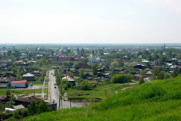 This photo was taken in Tobolsk, Tyumen region, Russia on June 14, 2008. The view on the Lower city, a building of formerly Mariinsky female grammar school, Church of the Nativity of the blessed virgin, the Church of Michael the Archangel and Church of the Exaltation of the Holy cross from Cape Chookman.