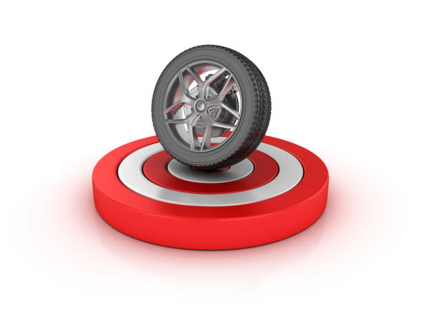 car tire on target - 3d rendering - rubber dart imagens e fotografias de stock