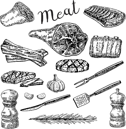 Vector ink hand drawn meat products set. Meat, bacon, herb and spices vintage sketch illustration for recipe, menu and print.