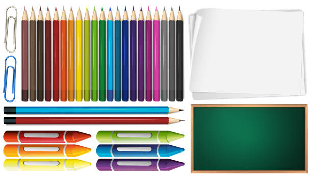 illustrazioni stock, clip art, cartoni animati e icone di tendenza di matite a colori e pastelli incastonati con carta - clip path