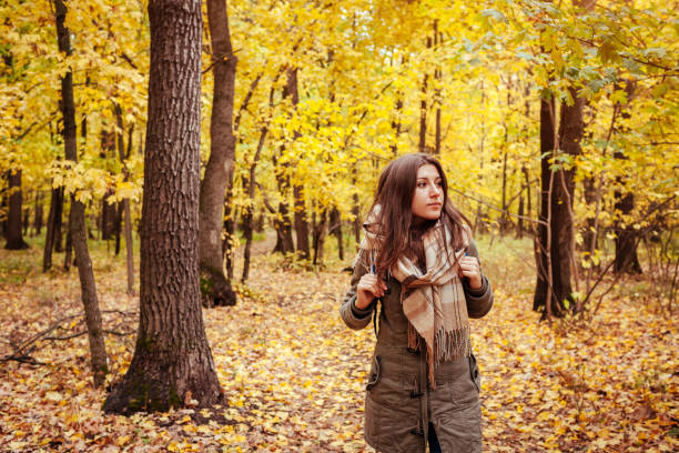 istock Tourist walking through the autumn forest 863096038