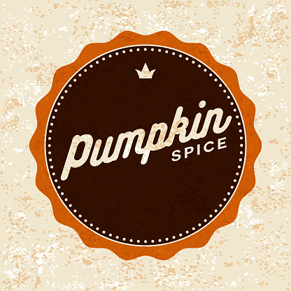 A circular pumpkin pie spice label on a grungy textured background. File is built in CMYK for optimal printing and uses Global color swatches for easy color changes. The label is transparent (multiply opacity).