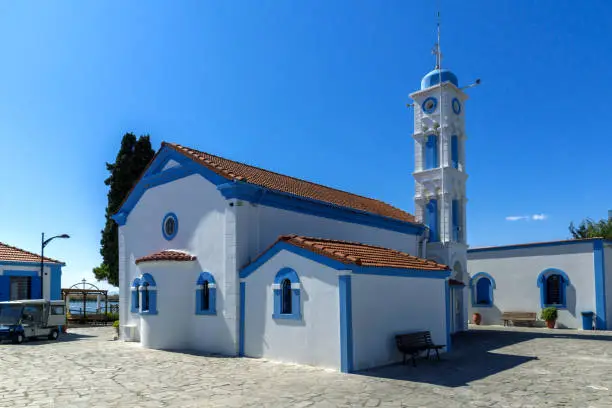 Orthodox Saint Nicholas Monastery located on two islands in Porto Lagos near town of Xanthi, East Macedonia and Thrace, Greece