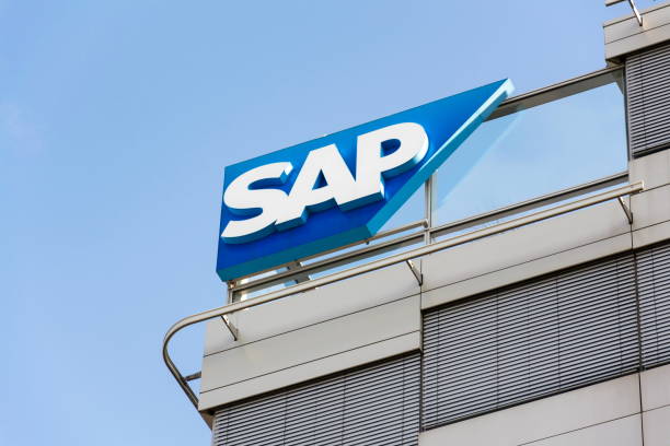 SAP multinational software corporation logo on Czech headquarters building stock photo