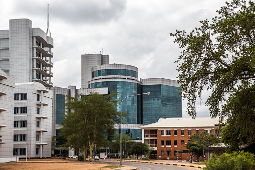 Modern plate glass building in central business district, Gaborone, Botswana, Africa, 2017