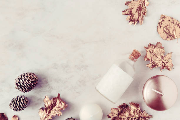 istock Fall beauty products flatlay on white marble 863190416
