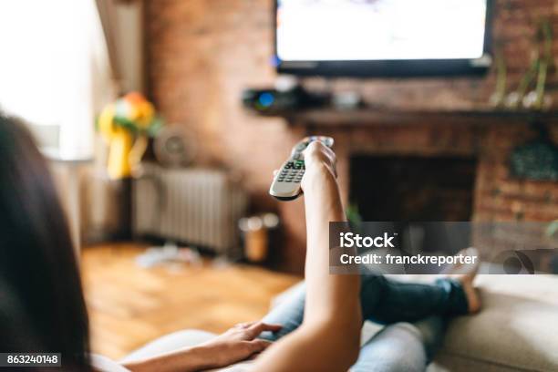 Woman Looking The Tv At Home Stock Photo - Download Image Now - Remote Control, Television Set, Television Industry