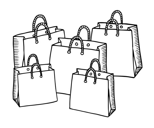 einkaufen karton zeichnen - shopping - illustration illustration tasche, schatten, einkaufstasche - shopping bag paper bag retail drawing stock-grafiken, -clipart, -cartoons und -symbole