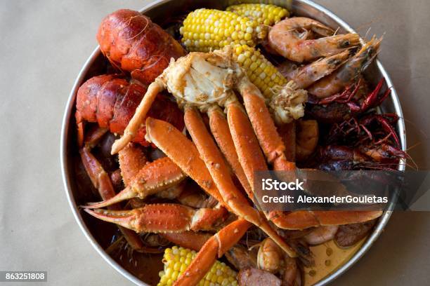 Low Country Boil Stock Photo - Download Image Now - Crab - Seafood, Cajun Food, Seafood
