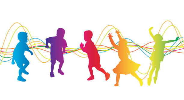 Kids Carefree Playtime Young kids ages 4-5 playing and being energetic music class stock illustrations