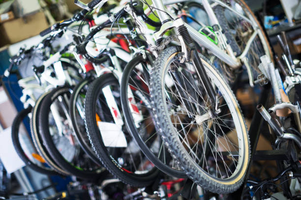 istock Image of colorful bicycles on showcase 863282506