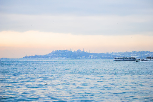 Beautiful views of the Bosphorus in Turkey. The territory of the Dolmabahce Palace.