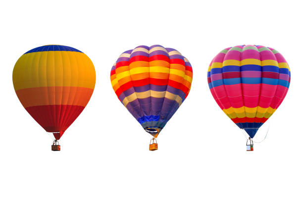 globos de aire caliente triple aislados sobre fondo blanco - globo aerostático fotografías e imágenes de stock