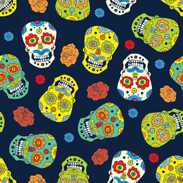 istock Day of the Dead seamless pattern, handdrawn sugar skulls and roses background, vector illustration 863323420