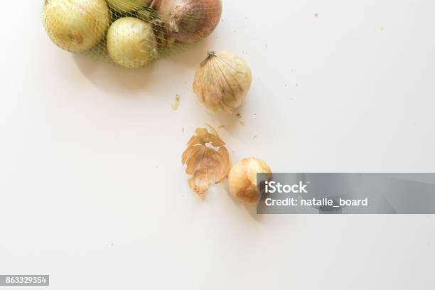 Onions On White Table From Above Stock Photo - Download Image Now - Above, Australia, Backgrounds