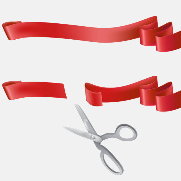 nożyczki cięcia niebieską wstążkę realistyczny wektor - opening ribbon cutting opening ceremony stock illustrations