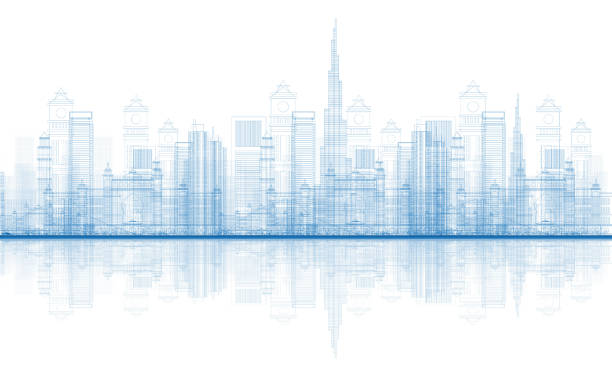ilustrações de stock, clip art, desenhos animados e ícones de outline dubai city skyscrapers skyline with reflections. - dubai