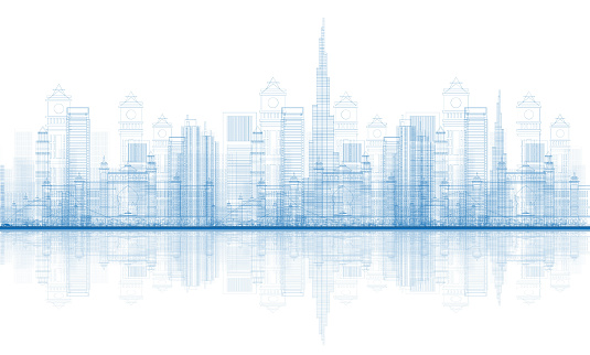 Outline Dubai City Skyscrapers Skyline with Reflections. Vector Illustration.
