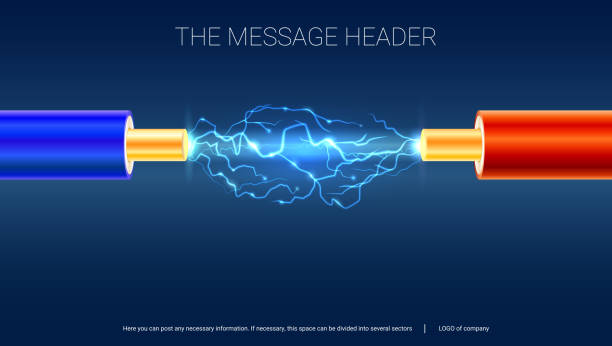 istock Electric cable with sparks. Horizontal design for presentation, posters, cover art, banners or advertising. Copper electrical cable in colored insulation and electrical arc between the wires 863365452