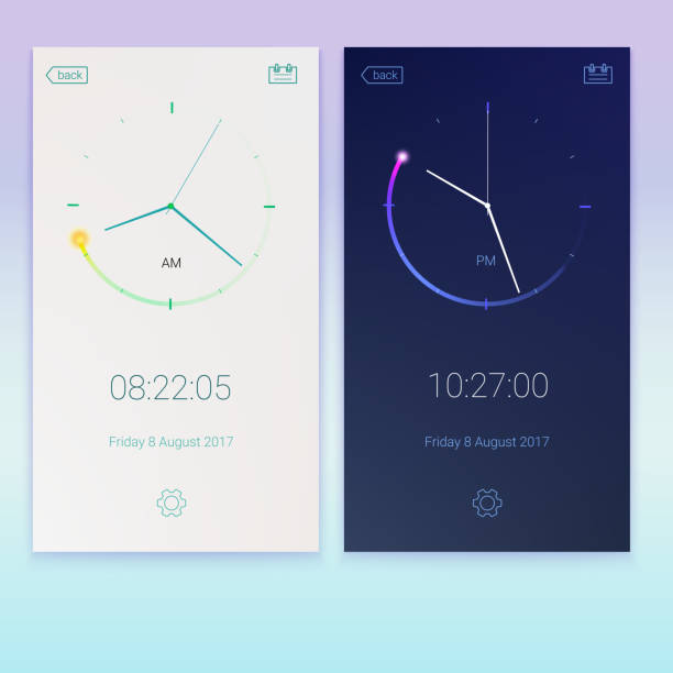 Clock application, concept of contrast UI design, day and night variants. Digital countdown app, user interface kit, mobile clock interface. UI elements, 3D illustration Clock application, concept of contrast UI design, day and night variants. Digital countdown app, user interface kit, mobile clock interface. UI elements, 3D illustration time designs stock illustrations
