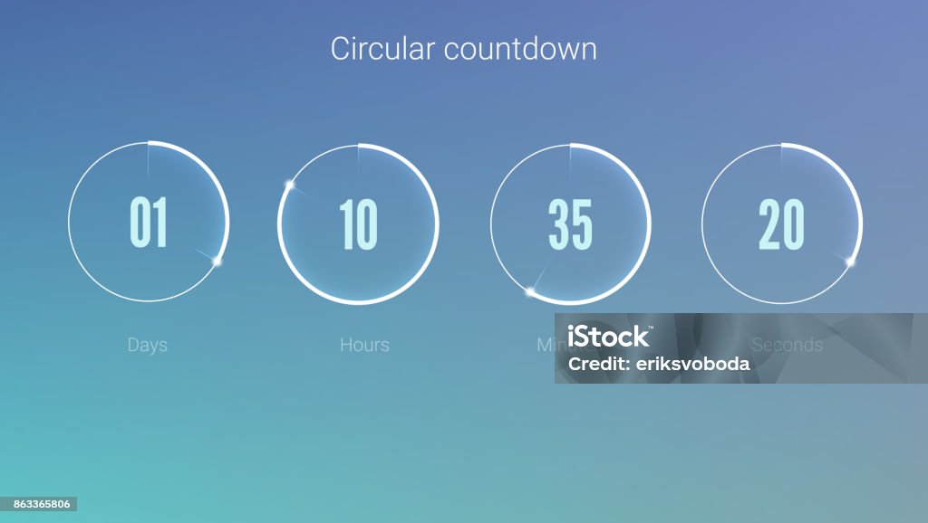 Part of the User interface, circular clock. Clock application, UI elements. Design of countdown timer for coming soon or under construction action. Template of count days, hours, minutes and seconds Countdown stock vector