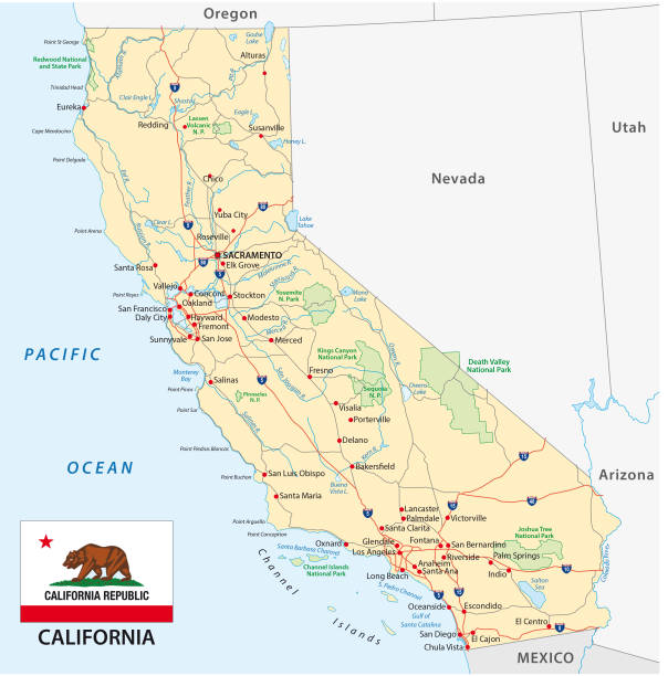 california road map, United States california road vector map, United States river clipart stock illustrations