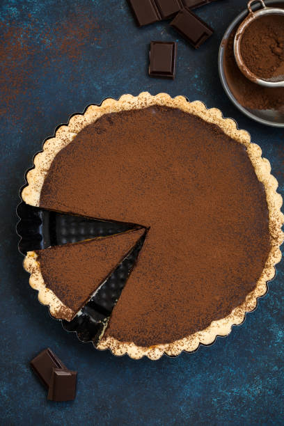 istock chocolate and caramel tart on dark blue background 863383516