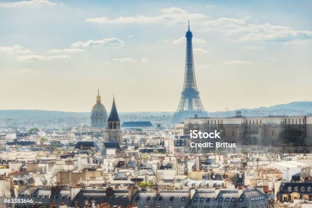 Scenic Rooftop View Of Paris France From Notre Dame Cathedral With The Eiffel Tower Stock Photo - Download Image Now
