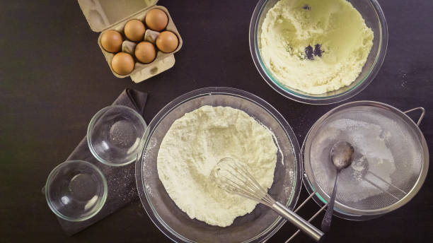 Ingredients for baking french macarons on the table.