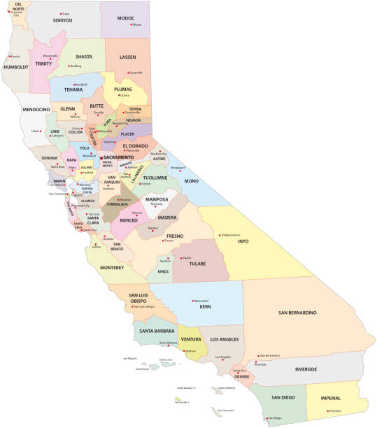 kalifornijska mapa administracyjna i polityczna - sacramento county stock illustrations