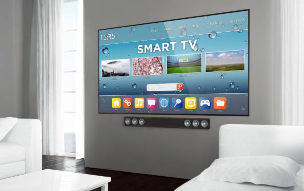 Big screen television smart tv Big screen smart tv at living room. 3d rendering. smart tv stock pictures, royalty-free photos & images