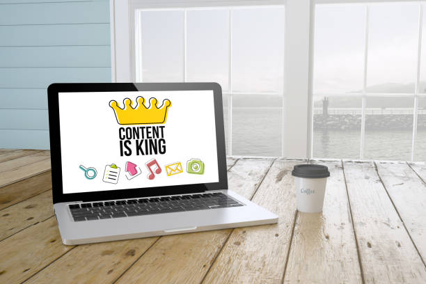 istock laptop with content is king on screen with port background and coffee 863399716