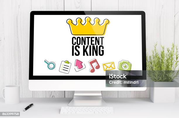 White Workspace With Content Is King Stock Photo - Download Image Now - Marketing, Contented Emotion, Art