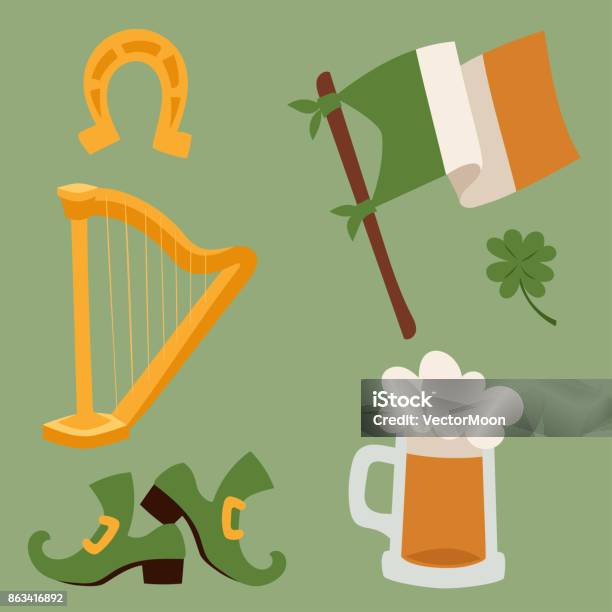 St Patricks Day Vector Icons And Leprechaun Cartoon Style Symbols Irish Traditional Decoration Design Vector Illustration Stock Illustration - Download Image Now