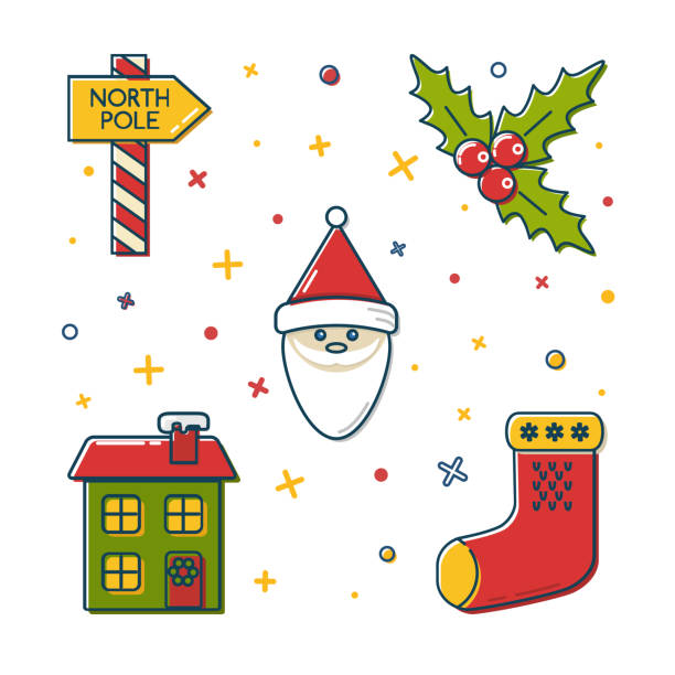 ilustraciones, imágenes clip art, dibujos animados e iconos de stock de conjunto de iconos de navidad color en estilo de línea fina - pole sign north north pole