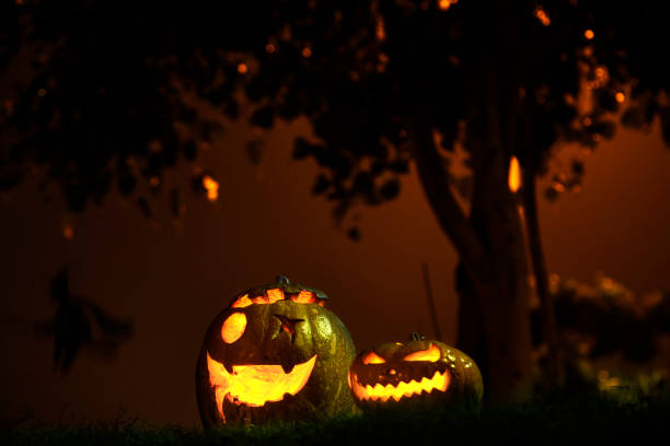 istock Lighted halloween pumpkins in forest 863433910