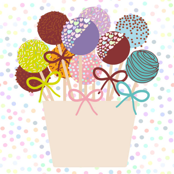 красочный сладкий торт появляется набор с луком в розовом ведре изолированы на белом абстрактном геометрическом ретро полька точка фона. в - cupcake chocolate pink polka dot stock illustrations