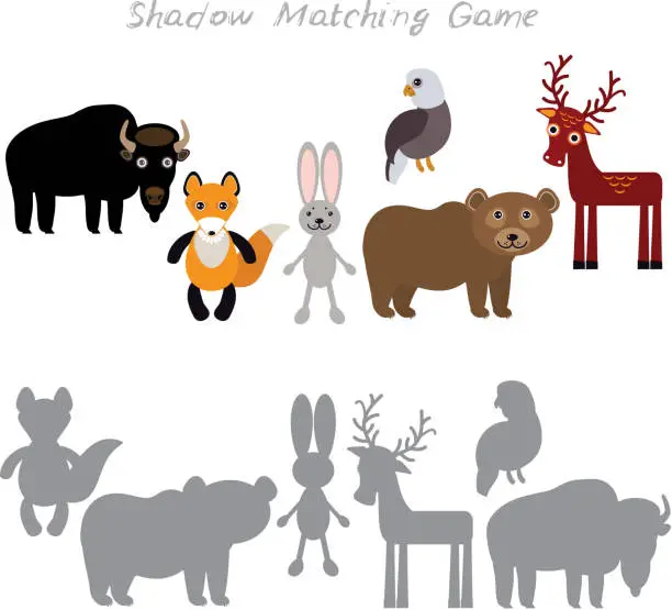 Vector illustration of Bison fox hare rabbit Eagle Bear Deer isolated on white background, Shadow Matching Game for Preschool Children. Find the correct shadow. Vector